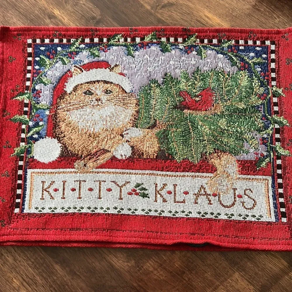 Vintage Set (2) Tapestry Rectangle Christmas Kitty Klaus Cotton Blend Placemats